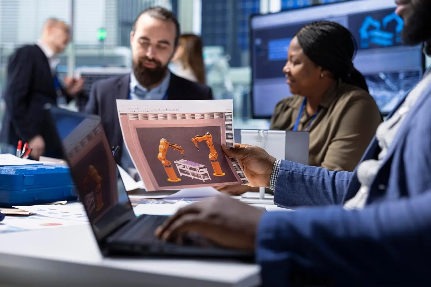 Менеджеры завода просматривают схемы и планируют модернизацию предприятия, используя ноутбук.